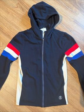 Men's Navy Blue Hooded Performance Ski Zip Jacket with Red & Blue Accents